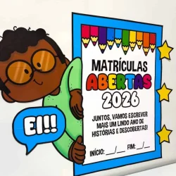 Cartaz de matrícula aberta para o ano de 2026 com cores vibrantes.