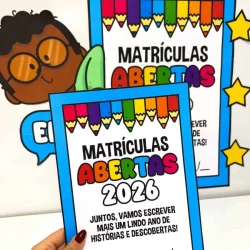 Cartaz de matrículas abertas para o ano de 2026 com cores vibrantes.