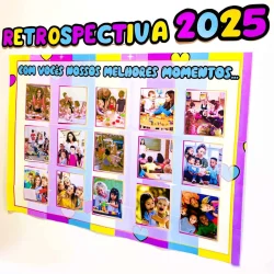 Painel colorido com fotos de atividades escolares e momentos especiais de 2025.