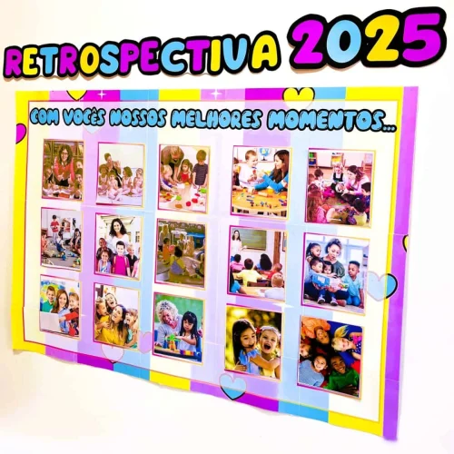 Painel colorido com fotos de atividades escolares e momentos especiais de 2025.