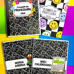 Planner do Professor 2026 com capa colorida e desenhos de smileys e agenda.