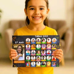 Menina sorridente segurando quadro de fotos de colegas de classe.