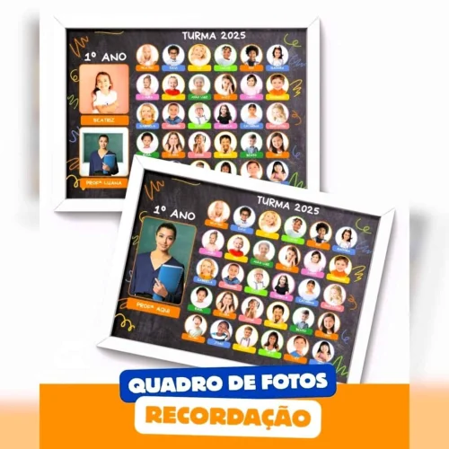 Quadro de fotos de alunos do 1º ano de 2025 na escola Pedagogia de Ideias.