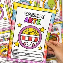 Caderno de arte infantil com tema de circo e cores vibrantes.