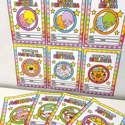 Cadernos de atividades escolares com temas variados e desenhos divertidos.
