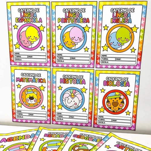 Cadernos escolares de diferentes disciplinas com desenhos infantis.