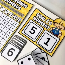 Atividade educativa com dados e cartões para aprender números.