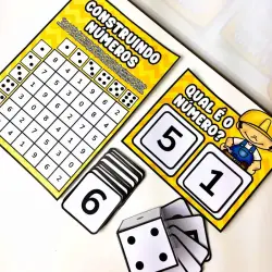 Jogo educativo com números e dados para crianças aprenderem a contar.