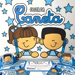 Decoração de festa escolar com tema Festa da Caneta e personagens animados.