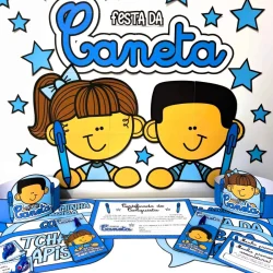 Celebrando a Festa da Caneta com crianças e materiais escolares.