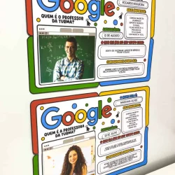 Quadro informativo sobre professores da turma com fotos e detalhes.