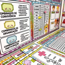 Materiais pedagógicos coloridos para sala de aula com jogos e calendário.