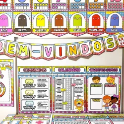 Material de sala de aula com cores vibrantes e elementos de circo para educação infantil.