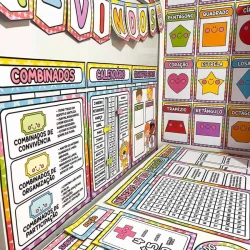 Material de sala de aula com jogos e atividades educativas para crianças.