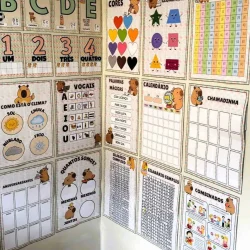 Quadro de atividades educativas com números, cores e formas geométricas.