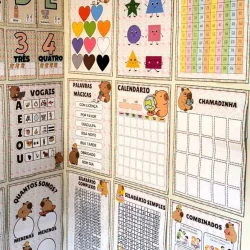 Material de ensino com cores, formas, números e calendário para educação infantil.