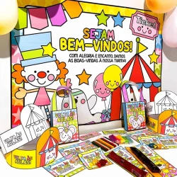 Material escolar colorido com tema de circo para volta às aulas.