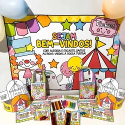 Material escolar e decoração de circo para volta às aulas.