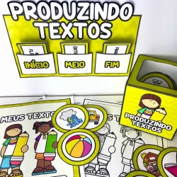 Atividades de produção de textos para crianças com personagens coloridos.