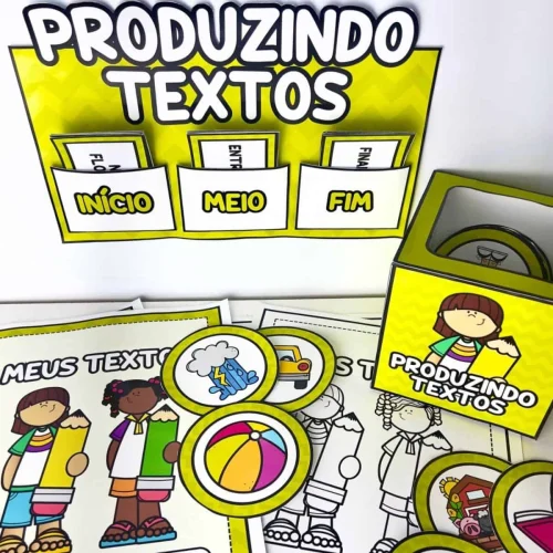 Atividades de produção de textos para crianças com personagens coloridos.