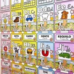 Painel de parede com letras, números e imagens educativas para crianças.