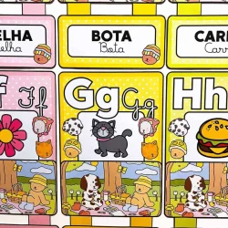 Imagem de blocos com letras, números e palavras para ensino infantil.