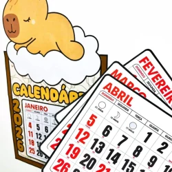 Capivara fofa sobre calendário de 2026 com meses de janeiro a abril.