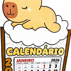 Capivara fofa descansando sobre nuvem com calendário de janeiro 2026.