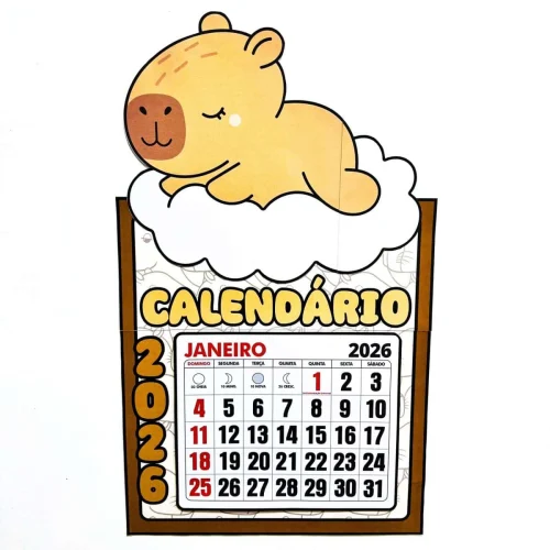 Capivara fofa sobre calendário de 2026 com mês de janeiro destacado.