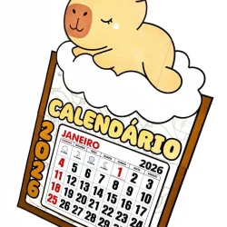 Capivara fofa descansando sobre nuvem em calendário de 2026.