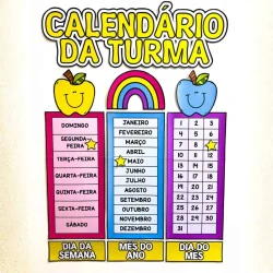 Calendário escolar com dias da semana, meses e dias do mês para turmas.