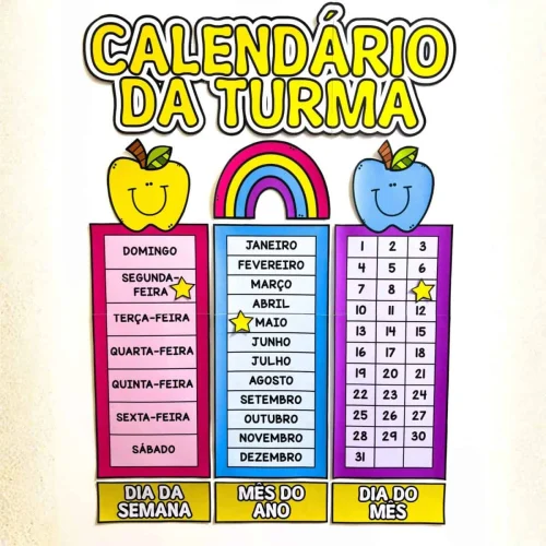 Calendário escolar com dias da semana, meses e dias do mês para turmas.