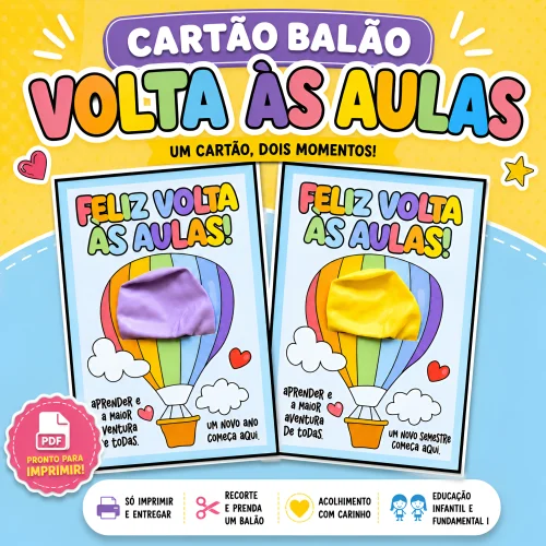Cartão de volta às aulas com balões coloridos e mensagem de boas-vindas.