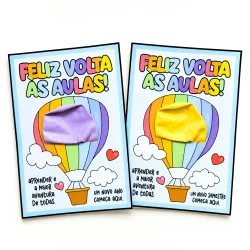 Cartões de volta às aulas com balões coloridos e mensagens de boas-vindas.