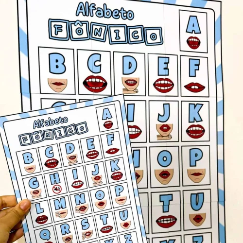 Cartaz do alfabeto fonico com letras e imagens de boca.