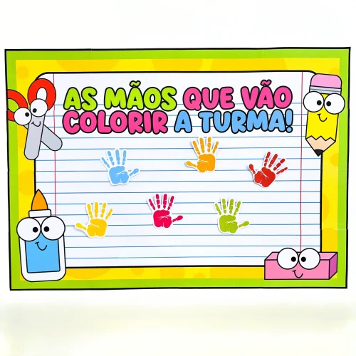 Cartaz colorido com mãos para atividades de colorir na sala de aula.
