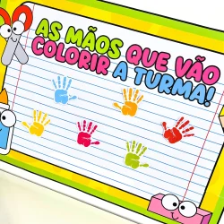 Cartaz com mãos coloridas para atividade de volta às aulas.