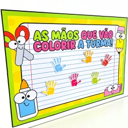 Cartaz com mãos coloridas para atividade de volta às aulas.