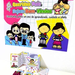 Cartaz colorido de boas-vindas para reunião de pais na escola.