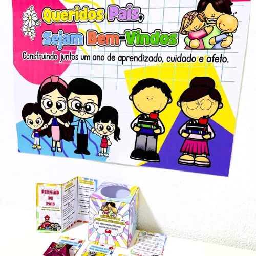Cartaz colorido de boas-vindas para reunião de pais na escola.