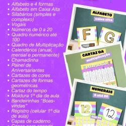 Material pedagógico para sala de aula com atividades de alfabetização e matemática.
