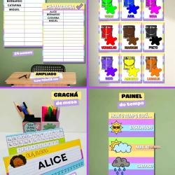 Material escolar colorido para sala de aula com cartazes, crachá, e painel do tempo.