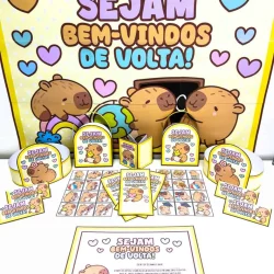 Material de volta às aulas com capivaras fofas e mensagens de boas-vindas.
