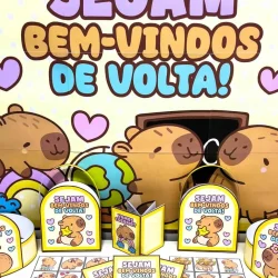 Cartaz de boas-vindas com capivaras fofas e tema de volta às aulas.