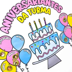 Cartaz de aniversário com bolo, balões e meses do ano.