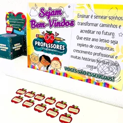 Painel de boas-vindas para professores com mensagem motivacional.