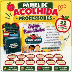 Painel de boas-vindas para professores com cartões afetivos e mensagens.