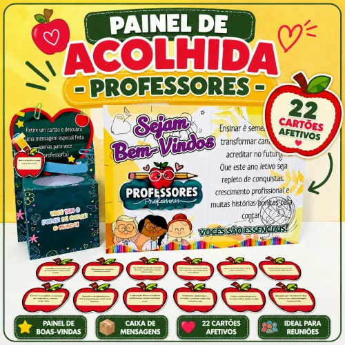 Painel de boas-vindas para professores com cartões afetivos e mensagens.