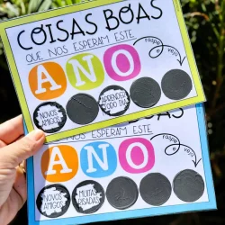 Cartaz de atividades para o Ano Novo com mensagens positivas para crianças.