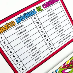 Jogo de adivinhas de Carnaval com perguntas e respostas divertidas.